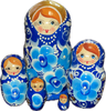 Handcrafted Matryoshka Stackable Nesting Dolls ON SALE! | FRONT: 5 mini blue stackable dolls with bright blue eyes, blonde /brown hair, gold crown, a blue glittered base, and hand-painted light blue flowers | Mini Blue Matryoshka with Hand-Painted Flowers and Glittered Base, 4.5" LIND-19 | Lindenhaus Imports in Helen, Ga
