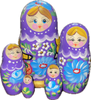 Handcrafted Matryoshka Stackable Nesting Dolls ON SALE! | FRONT: 5 mini purple stackable dolls with bright blue eyes, blonde /brown hair, a gold glittered base, and hand-painted light blue and white flowers | Mini Purple Matryoshka with Hand-Painted Basket of Flowers, 4" LIND-20 | Lindenhaus Imports in Helen, Ga