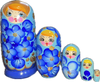 Handcrafted Matryoshka Stackable Nesting Dolls ON SALE! | FRONT: 5 mini blue stackable dolls with bright blue eyes, blonde/brown hair, and hand-painted light blue flowers | Mini Blue Matryoshka with Hand-Painted Flowers, 4.5" LIND-22 | Lindenhaus Imports in Helen, Ga