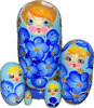 Handcrafted Matryoshka Stackable Nesting Dolls ON SALE! | FRONT: 5 mini blue stackable dolls with bright blue eyes, blonde/brown hair, and hand-painted light blue flowers | Mini Blue Matryoshka with Hand-Painted Flowers, 4.5" LIND-22 | Lindenhaus Imports in Helen, Ga