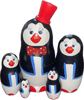 Handcrafted Matryoshka Stackable Nesting Dolls ON SALE! | FRONT: 5 stackable wooden black and white penguin dolls with bright blue eyes, orange beak, a hand-painted red and white polka-dot bow and 3D red hat on the largest piece | Mini Penguin Matryoshka with 3D Red Top Hat, 5" LIND-24 | Lindenhaus Imports in Helen, Ga
