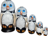 Handcrafted Matryoshka Stackable Nesting Dolls ON SALE! | FRONT: 5 stackable wooden owl dolls with bright blue eyes, orange beak, and hand-painted feathers | Mini Owl Matryoshka, 4.5" | Lindenhaus Imports in Helen, Ga