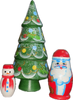 Handcrafted Matryoshka Stackable Nesting Dolls ON SALE! | FRONT: 3-piece stackable wooden doll set featuring (1) Christmas Tree with red, yellow, and blue painted lights, (2) Santa Claus in traditional red suit, and (3) a snowman with cozy red hat and scarf | Mini Christmas Tree Matryoshka, 5.5" LIND-31 | Lindenhaus Imports in Helen, Ga