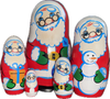 Handcrafted Matryoshka Stackable Nesting Dolls ON SALE! | FRONT: 5-piece stackable wooden dolls featuring individually unique hand-painted Santas with bright blue eyes | Mini Classic Santa Matryoshka, 4.5" LIND-33 | Lindenhaus Imports in Helen, Ga