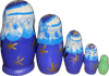 Handcrafted Matryoshka Stackable Nesting Dolls ON SALE! | BACK: 5-piece stackable wooden dolls featuring individually unique hand-painted Santas with bright blue eyes | Mini Blue Santa Matryoshka with Tree, 4.5" LIND-34 | Lindenhaus Imports in Helen, Ga