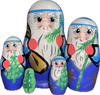 Handcrafted Matryoshka Stackable Nesting Dolls ON SALE! | FRONT: 5-piece stackable wooden dolls featuring individually unique hand-painted Santas with bright blue eyes | Mini Blue Santa Matryoshka with Tree, 4.5" LIND-34 | Lindenhaus Imports in Helen, Ga