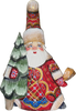 Handcrafted Christmas Santas ON SALE! | FRONT features exquisite artwork trimmed with gold, blue, and white accents, 3D lantern in Santa's right hand, and a frosted tree carved into the left side. | 2-Piece Handcarved Wooden Santa with 3D Lantern and Tree, 6" RSLI-03 | Lindenhaus Imports in Helen, Ga