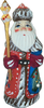 Handcrafted Wooden Christmas Santas ON SALE! | FRONT: This colorful Santa Claus features friendly blue eyes and an intricately painted red base coat with an incredible amount of detail work to his staff and toy bag.
The staff is individually pegged and removable for safe shipping and storage. | Mini Red 2-Piece Handcarved Wooden Santa with Short Staff and Toy Bag, 5" RSLI-05 | Lindenhaus Imports in Helen, Ga