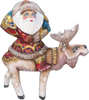 Handcrafted Wooden Christmas Santas ON SALE! | Features an intricately-painted red base coat Santa on his elk with an incredible amount of detail work. | 3-Piece Handcarved Wooden Santa with Turquoise Toy Bag on Elk, 8" | Lindenhaus Imports in Helen, Ga