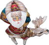 Handcrafted Wooden Christmas Santas ON SALE! | Features an intricately-painted red base coat Santa on his elk with an incredible amount of detail work. | 3-Piece Handcarved Wooden Santa with Turquoise Toy Bag on Elk, 8" | Lindenhaus Imports in Helen, Ga