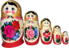 Handcrafted Matryoshka Dolls ON SALE! | FRONT: 5-piece stackable wooden doll set featuring hand-painted pink and blue flowers with gold shawl | 'Semenovskaya' Matryoshka Nesting Doll, 7" LIND-48 | Lindenhaus Imports in Helen, Ga