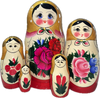 Handcrafted Matryoshka Dolls ON SALE! | FRONT: 5-piece stackable wooden doll set featuring hand-painted pink and blue flowers with gold shawl | 'Semenovskaya' Matryoshka Nesting Doll, 7" LIND-48 | Lindenhaus Imports in Helen, Ga