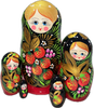 Handcrafted Matryoshka Stackable Nesting Dolls ON SALE! | FRONT: 5 black, stackable wooden dolls with hand-painted red berries | Black and Red Matryoshka with Hand-Painted Berries, 6" LIND-55 | Lindenhaus Imports in Helen, Ga