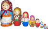 Handcrafted Matryoshka Stackable Nesting Dolls ON SALE! | FRONT:  8-piece wooden dolls featuring hand-painted (1) woman with chicken, (2) woman in traditional dress, (3) woman with farming tool, (4) woman with bowl of porridge, (5) woman with axe, (6) woman with baby, (7) baby, and (8) tiny baby | 'Little Women' Matryoshka Nesting Doll, 7" LIND-57 | Lindenhaus Imports in Helen, Ga