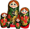 Handcrafted Matryoshka Stackable Nesting Dolls ON SALE! | FRONT: 5 black and red stackable wooden dolls with bright blue eyes, brown/blonde hair, rosie cheeks, and hand-painted strawberries | Black and Red Matryoshka with Hand-Painted Strawberries, 6" LIND-45 | Lindenhaus Imports in Helen, Ga