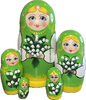 Handcrafted Matryoshka Stackable Nesting Dolls ON SALE! | FRONT: 5 green wooden dolls with hand-painted white flowers | Seasons Collection | Spring Matryoshka, 6" LIND-60 | Lindenhaus Imports in Helen, Ga