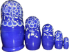 Handcrafted Matryoshka Stackable Nesting Dolls ON SALE! | FRONT: 5 blue, stackable wooden dolls with bright blue eyes, blonde hair, gold accents, and hand-painted flowers | Blue Matryoshka with Hand-Painted Flowers, 6" LIND-64 | Lindenhaus Imports in Helen, Ga