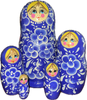 Handcrafted Matryoshka Stackable Nesting Dolls ON SALE! | FRONT: 5 blue, stackable wooden dolls with bright blue eyes, blonde hair, gold accents, and hand-painted flowers | Blue Matryoshka with Hand-Painted Flowers, 6" LIND-64 | Lindenhaus Imports in Helen, Ga