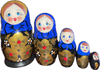 Handcrafted Matryoshka Stackable Nesting Dolls ON SALE! | FRONT: 5 mini blue, stackable wooden dolls with bright blue eyes, blonde hair, and gold hand-painted flowers | Mini Matryoshka with Blue Scarf and Gold Hand-Painted Flowers, 4.5" LIND-65 | Lindenhaus Imports in Helen, Ga