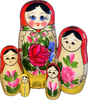 FRONT: 5 mini yellow and red classic, stackable wooden dolls with bright blue eyes, black hair, and hand-painted flowers. || 5-Piece Mini Matryoshka with Red and Blue Flowers, 4" Nesting Doll MC0502r / L-69