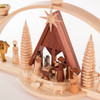 Authentic German Pyramids ON SALE! | Features: Features: manger scene includes Mary, Joseph, Baby Jesus in his manger, stable, Shepard and 3 sheep, 1 donkey, 1 cow, Three Wisemen with their gifts, 2 finely detail, handcarved trees, and 5 brass candle holders | The Nativity Scene, 8" 202/CA/084/D | Handmade in the Erzgebirge region of Seiffen, Germany | Lindenhaus Imports in Helen, Ga