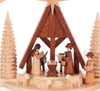 Authentic German Pyramids ON SALE! | Features: Features: manger scene includes Mary, Joseph, Baby Jesus in his manger, stable, Shepard and 3 sheep, 1 donkey, 1 cow, Three Wisemen with their gifts, 2 finely detail, handcarved trees, and 5 brass candle holders | The Nativity Scene, 8" 202/CA/084/D | Handmade in the Erzgebirge region of Seiffen, Germany | Lindenhaus Imports in Helen, Ga