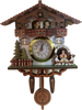 Elegant Clock Magnets || Features 3D balcony with tiny dancers, cuckoo bird picture, 2 Bavarian men with beer maiden serving beer, and gold trim around face of clock. Battery included. || 3D Biergarten Cuckoo Clock Magnet with Real Functioning Clock, 7" M881 || Lindenhaus Imports in Helen, Ga
