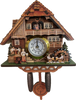 Elegant Clock Magnets ON SALE! || Features 3D balcony with tiny dancers, cuckoo bird picture, 3 Bavarian men playing cards and Zenzi the Beer Maiden on the left side, 2 Bavarian men drinking beer and water wheel on the right side, and gold trim around face of clock. Battery included. || 3D Card Player Cuckoo Clock Magnet with Real Functioning Clock, 7" M885 || Lindenhaus Imports in Helen, Ga