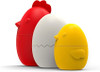 All 3 pieces standing next to each other. Open the red mother hen to reveal a white egg and open the egg to see the little yellow chick inside.