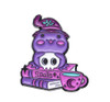 Purple Frog Witch perched on a stack of 'SPELLS' books holding a skull HP33 Purple Frog Witch perched on a stack of 'SPELLS' books holding a skull HP33