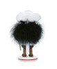Back view features a pepperoni pizza, a wooden pizza peel, and is wearing a large white chef's hat.