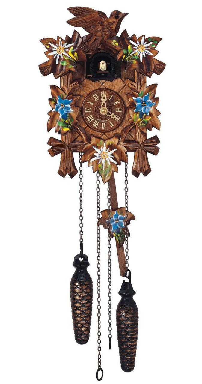 Traditional 1 Bird/5 Leaf Black Forest Quartz Cuckoo Clock with Hand Painted Edelweiss and Blue Flowers by Schneider Q 90/10E