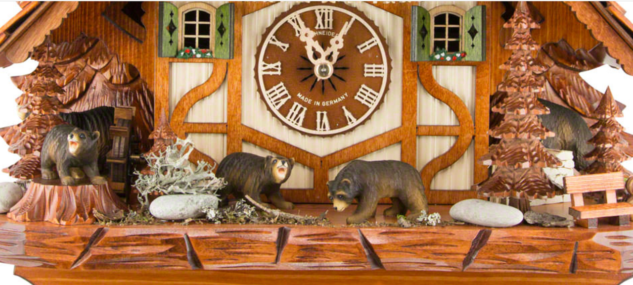 Pouncing Bears Musical 8-Day White Chalet with Black Forest Trees