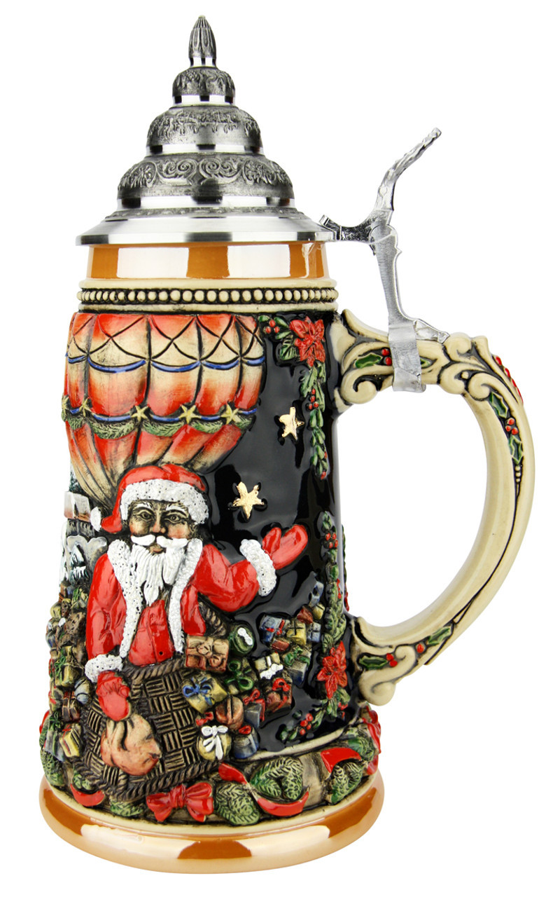 Santa in Hot Air Balloon Stein with Alpine Village Scene, 1L