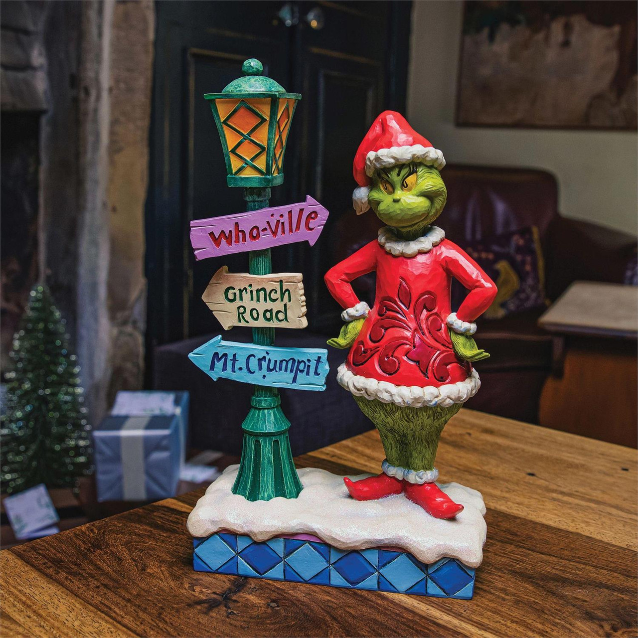 Jim Shore™ LED Light-Up Grinch™ Lamppost Tablepiece | Lindenhaus