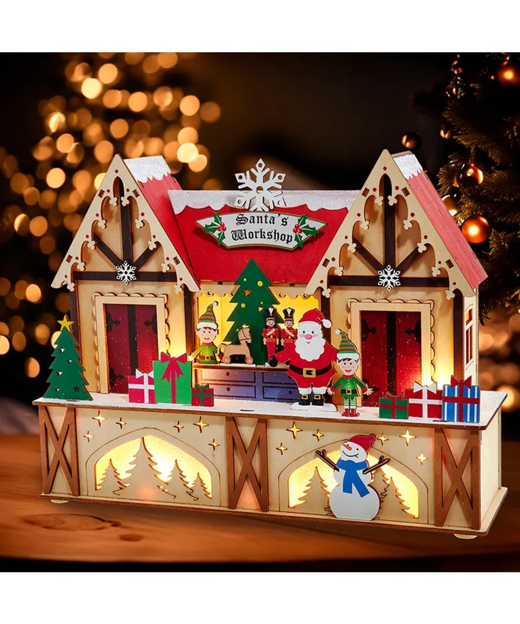 LED Light-Up Wooden Santa's Workshop Centerpiece| Kurt S. Adler™ Christmas Home Décor Collection JEL1036