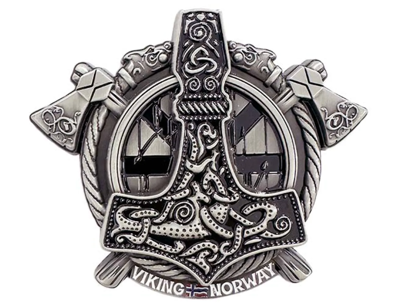 Norwegian Viking fridge magnet featuring an intricate silver-tone Viking shield, crossed axes, and Norse-inspired decorative details.