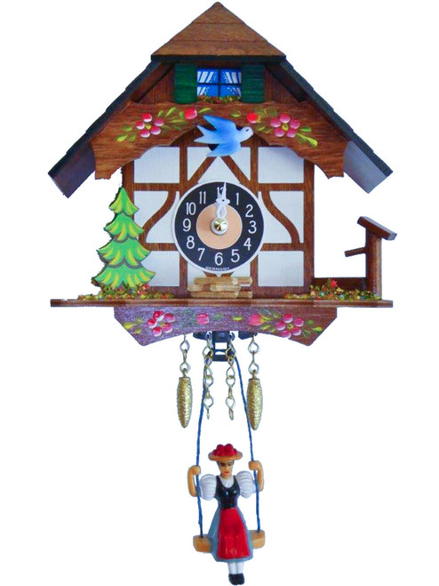 Mini White Chalet Cuckoo Novelty Clock with Bluebird and Swinging Heidi 0191SQ