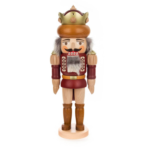 Authentic German Nutcrackers ON SALE! || Features real rabbit fur, hand-painted natural brown eyes, fine blend of natural woods with brown and gold accents, wooden crown, lever on back to open and close mouth. || Handmade in the Erzgebirge region of Seiffen, German ||The König (King), 17" 024/N/065/D || Lindenhaus Imports in Helen, Ga