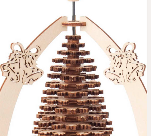 It's crafted in natural and brown tones with a frame adorned with bells and branches.
