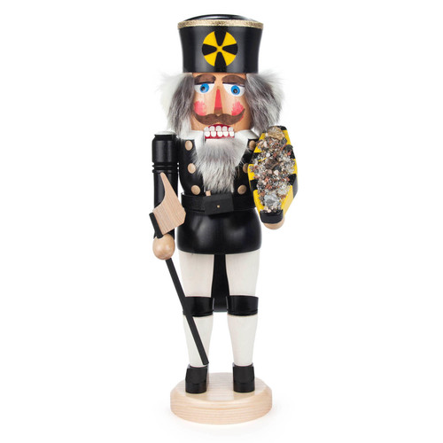 Authentic German Nutcrackers ON SALE! | Features: rabbit fur, hand-painted bright blue eyes, dressed in traditional Formal Finery, wooden ax, and gems with wooden lever on back to open and close mouth. || The Bergmann Erzträger (Miner Ore Carrier), 15" 023/N/034/D || Handmade in the Erzgebirge region of Seiffen, Germany || Lindenhaus Imports in Helen, Ga