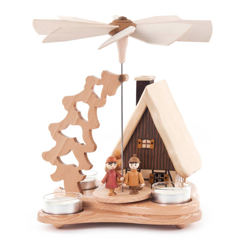 Authentic German Pyramids ON SALE! | Truly a special item as you get to enjoy the traditional German pyramid and smoker in one decorative, handmade piece! Features handcarved figurines on the lower turntable, intricate wooden carved tree, smoker house with incense cone holder inside, and 3 premium glass tealight candle holders | 1-Tier Smoking House, 9" 085/SP/650/D | Handmade in the Erzgebirge region of Seiffen, Germany | Lindenhaus Imports in Helen, Ga
