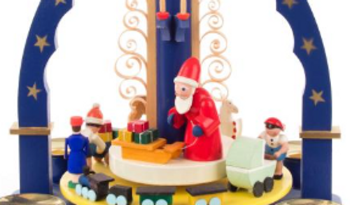 Authentic German Pyramids ON SALE! | Features Santa with sled and presents, woman with bassinet, full train set, 2 deer, 1 nutcracker on rocking horse, man with truck full of presents, handcrafted candles and handcarved curved wooden accents on middle rotator with 4 brass candle holders To use, place the candle in the designated holders on the pyramid. Heat from the candle will slowly cause the blades to rotate. | 1-Tier Santa Village Scene, 11" 085/P/01607/D | Handmade in the Erzgebirge region of Seiffen, Germany | Lindenhaus Imports in Helen, Ga Authentic German Pyramids ON SALE! | Features Santa with sled and presents, woman with bassinet, full train set, 2 deer, 1 nutcracker on rocking horse, man with truck full of presents, handcrafted candles and handcarved curved wooden accents on middle rotator with 4 brass candle holders To use, place the candle in the designated holders on the pyramid. Heat from the candle will slowly cause the blades to rotate. | 1-Tier Santa Village Scene, 11" 085/P/01607/D | Handmade in the Erzgebirge region of Seiffen, Germany | Lindenhaus Imports in Helen, Ga