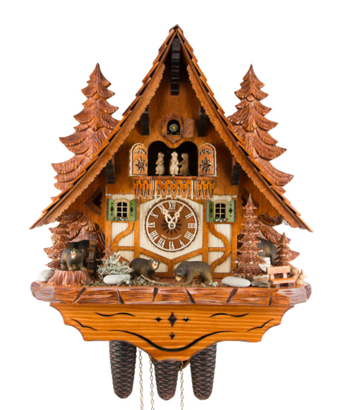 Pouncing Bears Musical 8-Day White Chalet with Black Forest Trees German Cuckoo Clock 8TMT 2653/9
