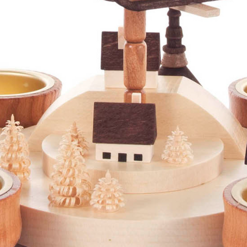 Authentic German Pyramids ON SALE! | Features natural wood stain arch with gold polka dots, flying Santa with 3 handcarved reindeer floating in center, 5 mini houses, intricate trees throughout, and 4 premium metal tealight candle holders. USE: Place the candle in the designated holders on the pyramid. Heat from the candle will slowly cause the blades to rotate. | 2-Tier Winterzauber (Winter Magic), 9" Natural 085/P/842/D/N | Handmade in the Erzgebirge region of Seiffen, Germany | Lindenhaus Imports in Helen, Ga Authentic German Pyramids ON SALE! | Features natural wood stain arch with gold polka dots, flying Santa with 3 handcarved reindeer floating in center, 5 mini houses, intricate trees throughout, and 4 premium metal tealight candle holders. USE: Place the candle in the designated holders on the pyramid. Heat from the candle will slowly cause the blades to rotate. | 2-Tier Winterzauber (Winter Magic), 9" Natural 085/P/842/D/N | Handmade in the Erzgebirge region of Seiffen, Germany | Lindenhaus Imports in Helen, Ga