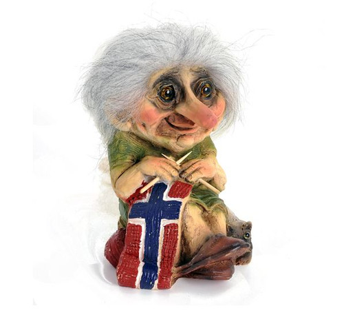 Original NyForm Trolls from Norway ON SALE! || Grandma Troll Knitting Norwegian Flag with Cat #149 || Lindenhaus Imports in Helen, Ga