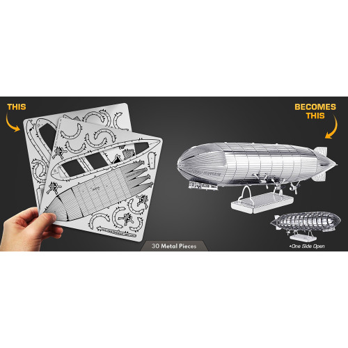 Laser-cut parts and assembled model of the Metal Earth Graf Zeppelin MMS063 Laser-cut parts and assembled model of the Metal Earth Graf Zeppelin MMS063