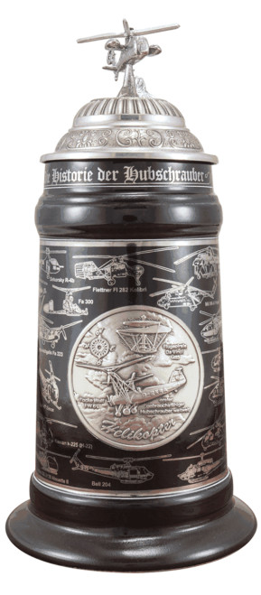 Authentic German Steins ON SALE! | Created to detail the progression of the helicopter, this stein details a timeline of major events and accomplishments throughout the history of the helicopter in German. | The History of the Helicopter, 0.5L 62/MC/43 | Lindenhaus Imports in Helen, GA