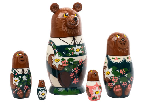 LEFT SIDE: features a Swiss bear family of 5 that include Papa Bear with 3D attachments being the largest, outside piece, Mama bear, 1 boy bear, 1 girl bear, and 1 baby bear that nest inside. || 5-Piece 3D Alpine Bear Family Matryoshka, 5" Nesting Doll 191051 || Lindenhaus Imports LEFT SIDE: features a Swiss bear family of 5 that include Papa Bear with 3D attachments being the largest, outside piece, Mama bear, 1 boy bear, 1 girl bear, and 1 baby bear that nest inside. || 5-Piece 3D Alpine Bear Family Matryoshka, 5" Nesting Doll 191051 || Lindenhaus Imports