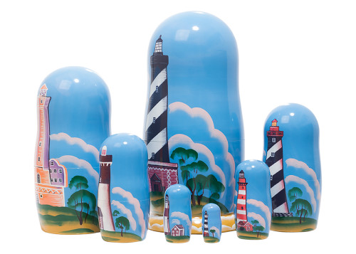 RIGHT SIDE: each piece includes a handcrafted replica of 7 beloved American lighthouses including Cape Hatteras, NC; Alcatraz, CA; St. Augustine, FL; Barnegat, NJ; Assateague Light, VA; Montauk, NY; and Cape Canaveral, FL || 7-Piece Lighthouses of America Matryoshka, 8" Nesting Doll 151074 || Lindenhaus Imports
